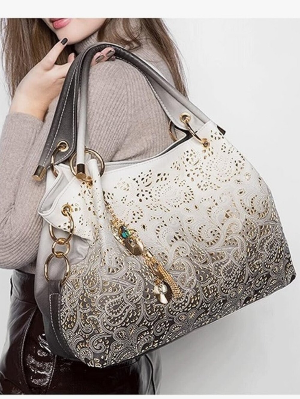 Coastal Cottage Hollow Out Elegant Ombre Lace-Pattern Tote Bag White and Gray
